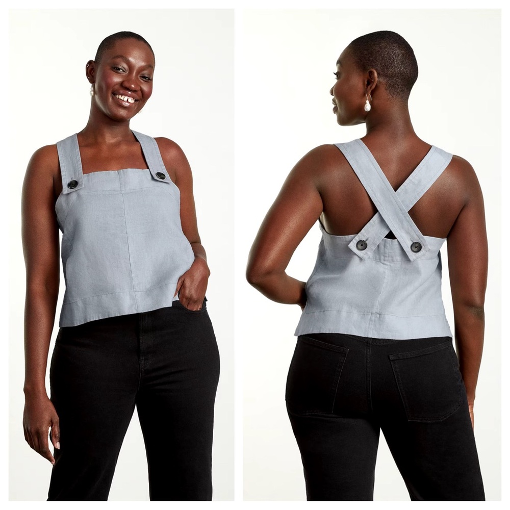 EVERLANE Linen Apron Tank Top Sky 4 Blue Grey Cropped Crop Summer Casual - Picture 7 of 11